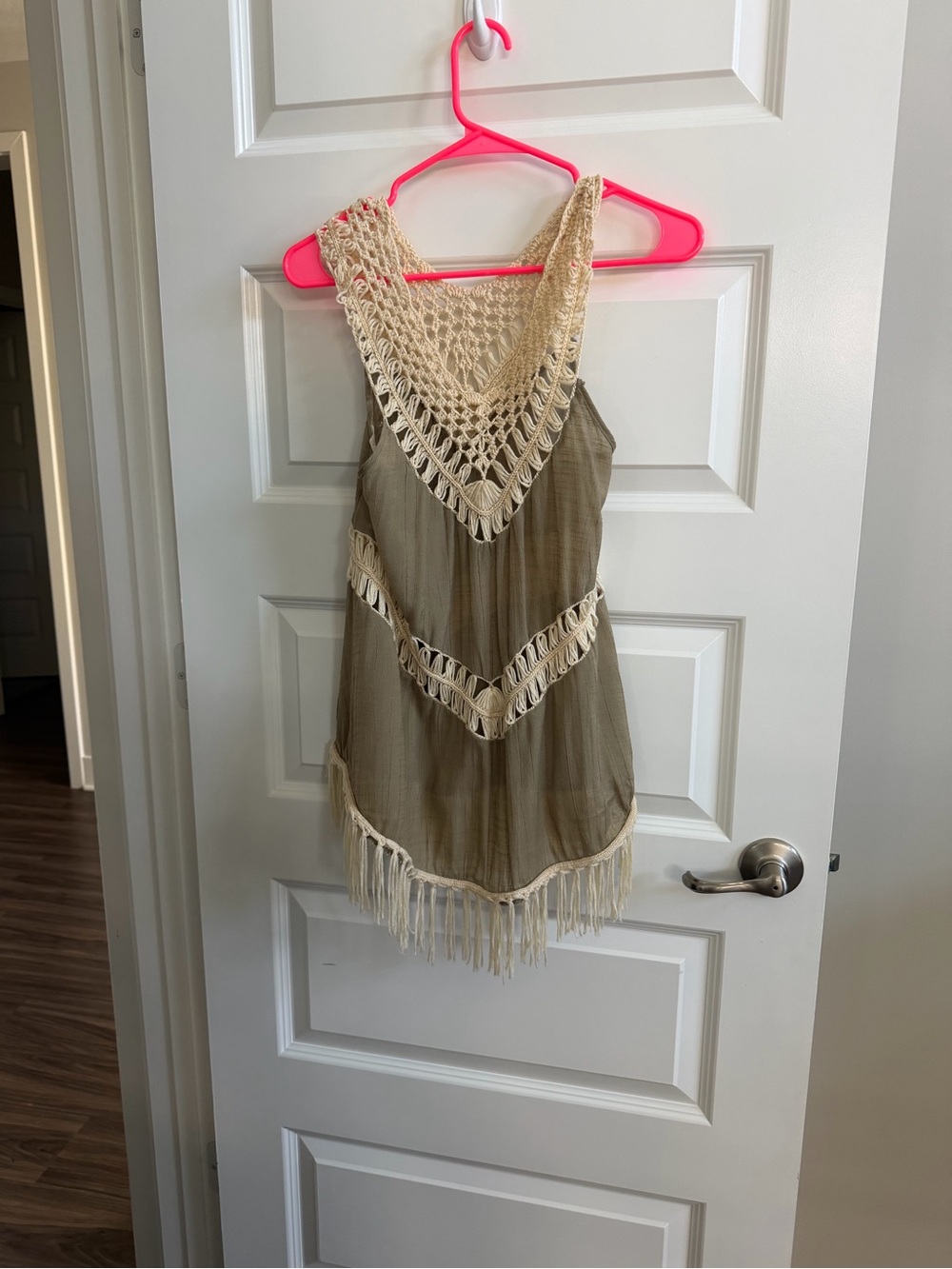 Boho Cotton Crochet Fringe Accent Sleeveless Tunic Top - Cream and Olive Sz M